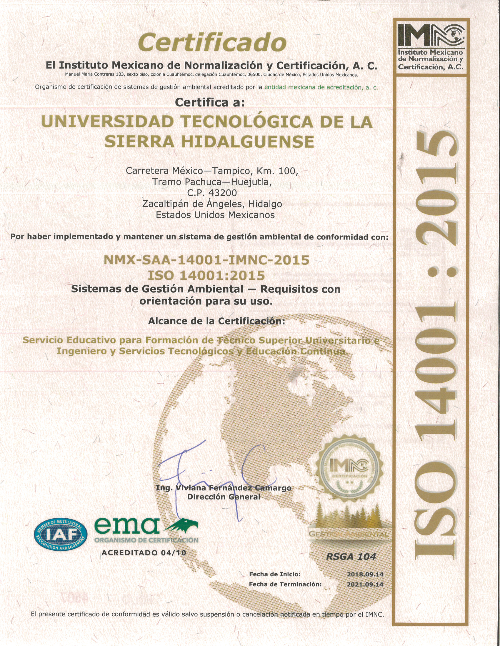 Certificado Iso 14001 2015 – Universidad Tecnológica De La Sierra